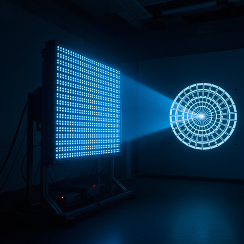LED array projecting focused beam pattern onto test wall
