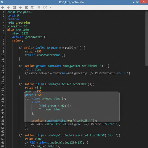 Code snippet showing RGB LED control functions with syntax coloring