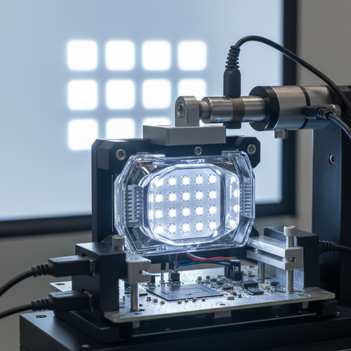 Automotive LED emitter array behind lens assembly on test fixture