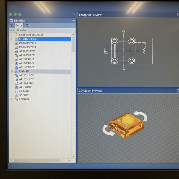 Altium Designer showing Kingbright LED library with footprint preview